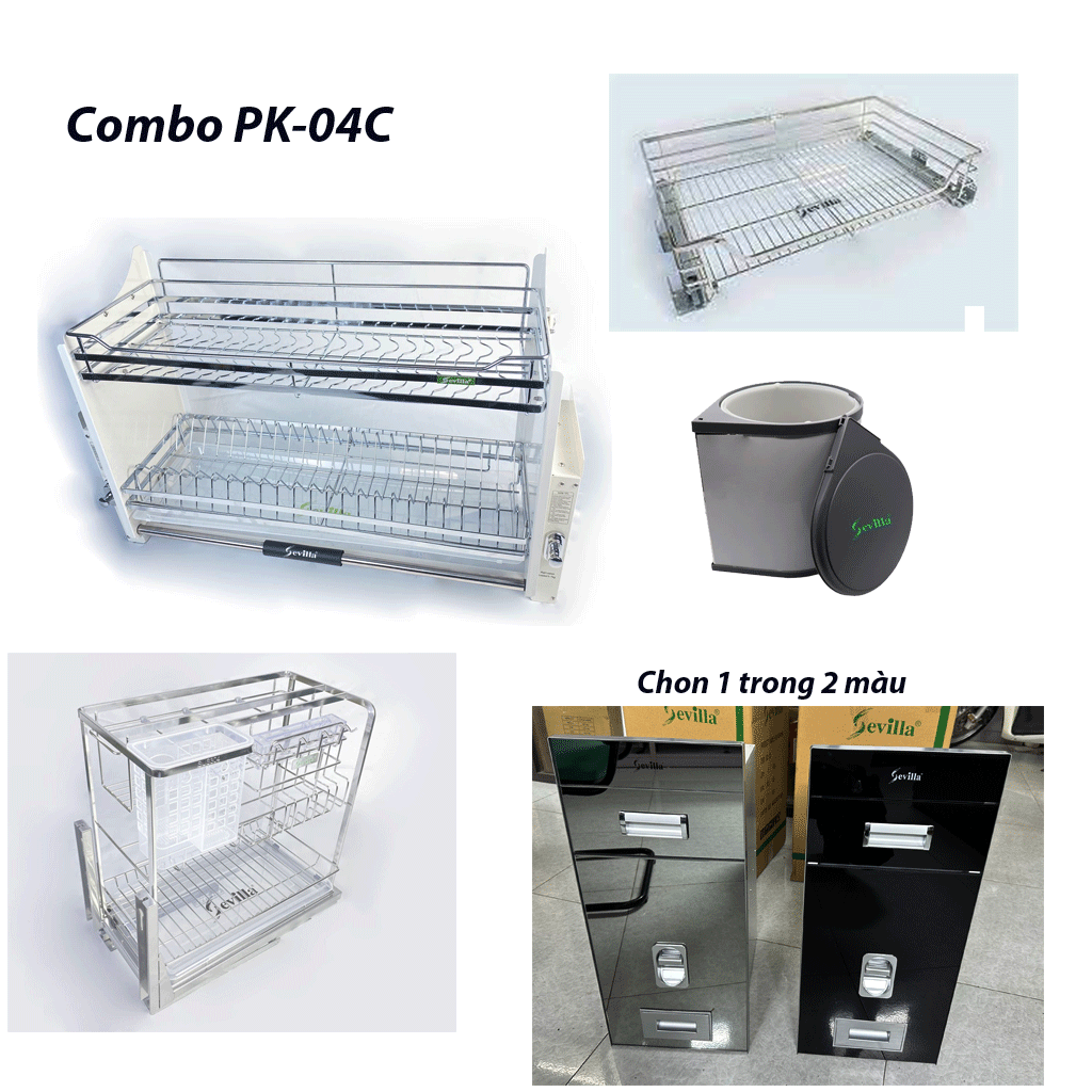Bộ Combo phụ kiện tủ bếp ( Giá bát nâng hạ, giá dao thớt, giá xoong nồi, thùng gạo, thùng rác)
