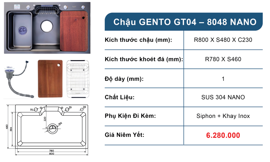Combo Chậu rửa Gento GT04-8048 Nano inox 304 cao cấp và Vòi rút