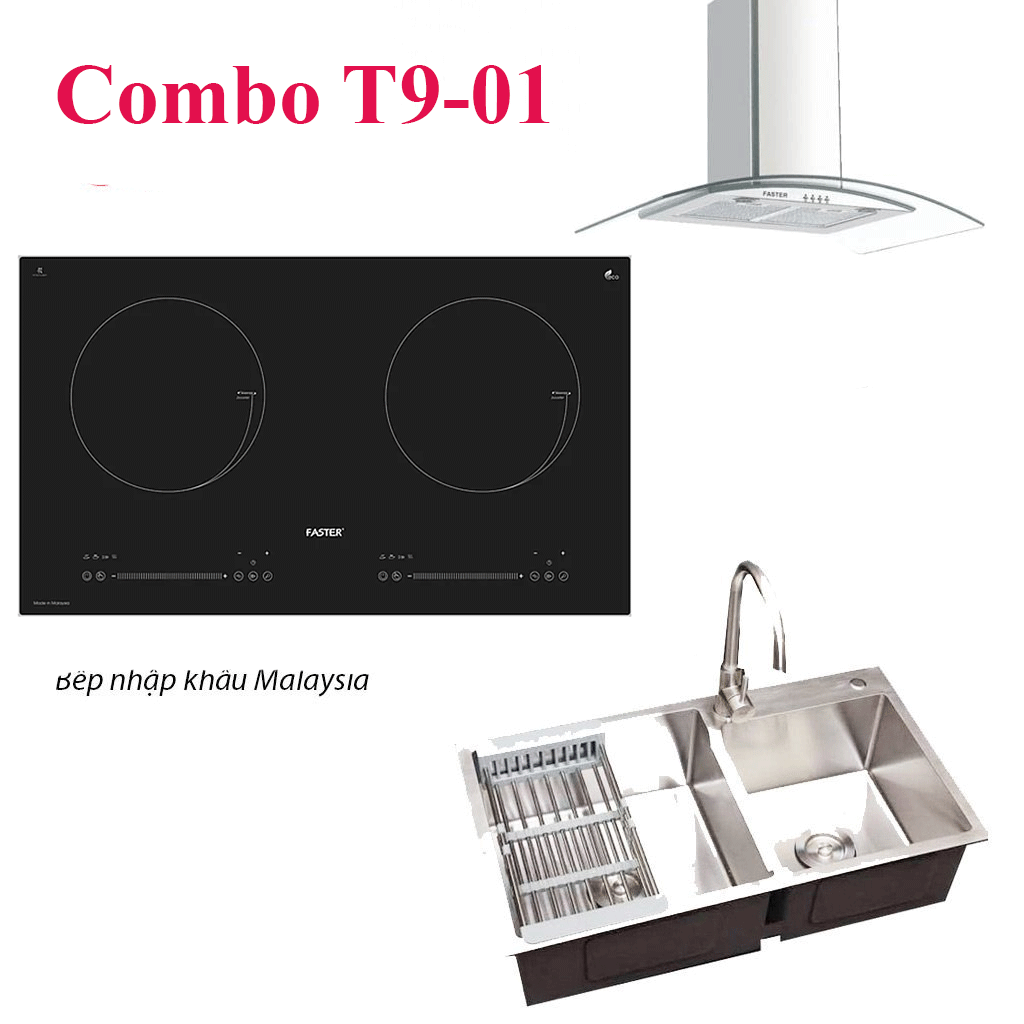 Combo T9-01: Bếp từ Faster, Máy hút mùi Faster, Chậu vòi rửa bát