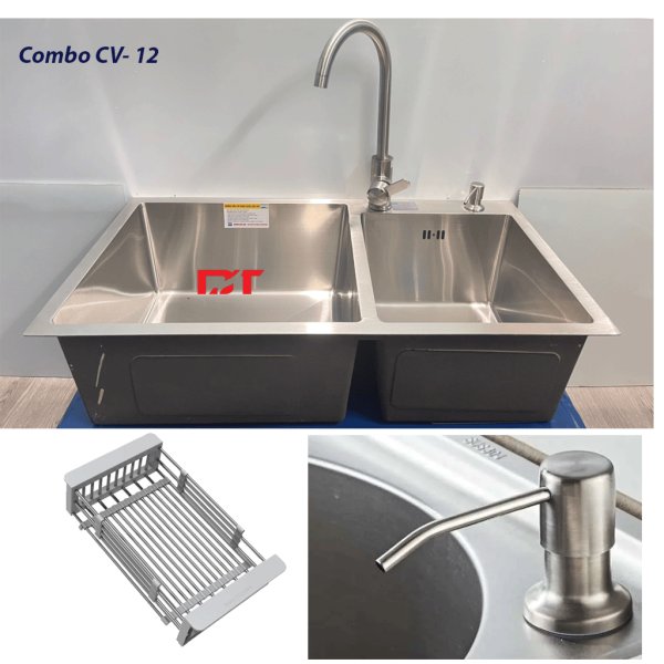 Combo VC-12: Chậu rửa bát Korea 7843, Vòi Roslerer 802, giá úp bát, vòi bơm nước rửa bát