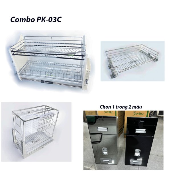 Combo PK-03C phụ kiện tủ bếp Inox 304 cao cấp ( Giá bát nâng hạ, giá xoong nồi, giá dao thớt, thùng gạo)
