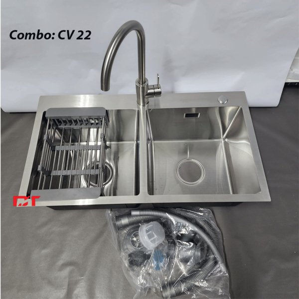 Combo VC-22: Chậu rửa bát Korea 7843 inox (Chậu đúc), Vòi Roslerer 802, giá úp bát