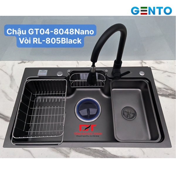 Combo Chậu rửa Gento GT04-8048 Nano inox 304 cao cấp và Vòi rút