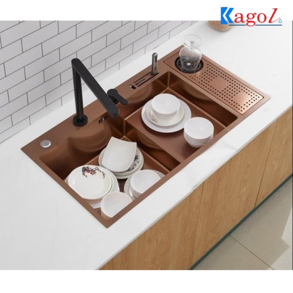 Chậu rửa bát đơn có bàn chờ Kagol K8846 RCV- kèm máy rửa cốc (88 x 46cm)