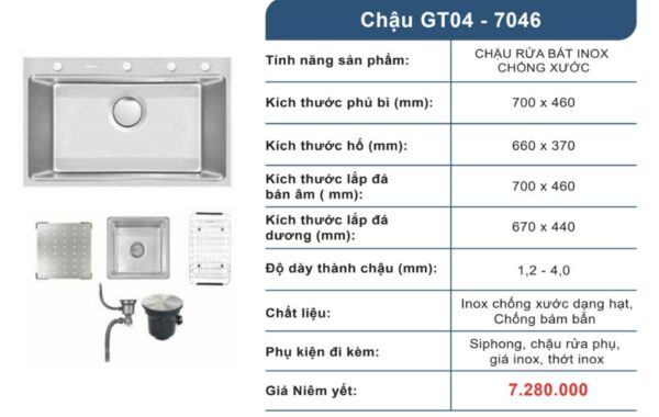 Chậu rửa chống xước Gento GT04-7046 inox 304