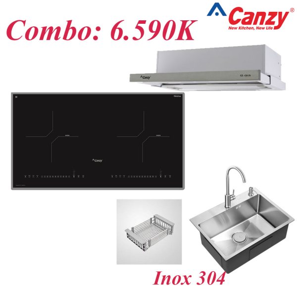 Combo bếp từ Canzy , hút mùi Canzy, chậu rửa Inox 304 ,vòi rửa bát inox 304