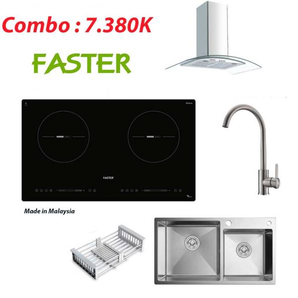Bộ Combo Bếp từ hút mùi kính cong Faster và Bộ chậu vòi rửa bát