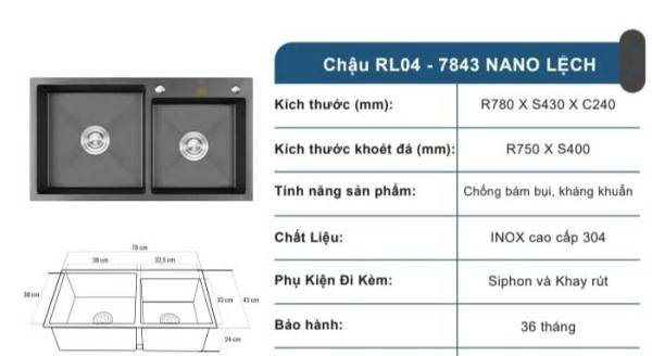 Bộ Combo Chậu Roslerer RL04-7843 nano cân và Vòi Roslerer RL 688 Greey