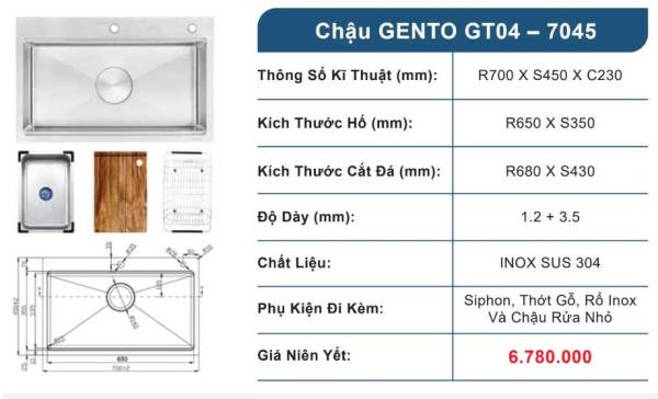 Chậu rửa bát Gento GT04-7045 Inox 304