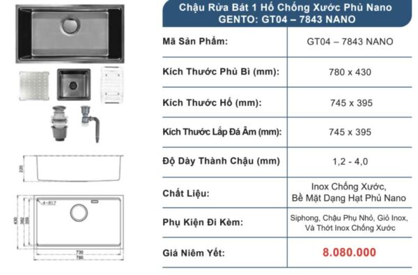 Chậu rửa chống xước Gento GT04-7843 new inox 304