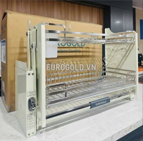 Giá bát đĩa nâng hạ Eurogold inox 304 khung màu trắng EVI980LW ( mới)