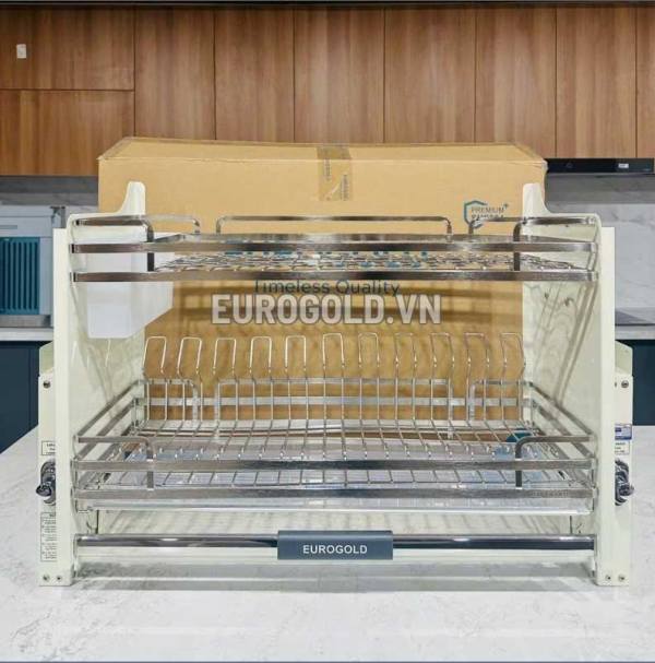 Giá bát đĩa nâng hạ Eurogold inox 304 khung màu trắng EVI980LW ( mới)